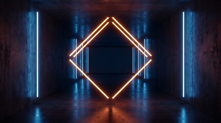 Fototapeta premium Dark concrete tunnel with glowing orange diamond neon frame, vertical blue light strips on side walls, 3 d render perspective
