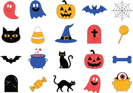 Adobe Illustrator Artwork Halloween Icon Set Collection with Pumpkin, Ghost, Bat, Witch Hat, Black Cat, Haunted House and Spooky Holiday Vector Elements Isolated on White Background