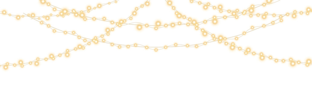 Christmas light bulbs, glowing garlands string. Vector garland illustration isolated on png. New Year's party lights, holiday decorations. Winter holiday season element.