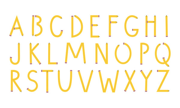 School alphabet made of yellow pencils isolated on white background for education typography and classroom design