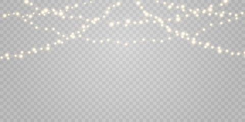 Naklejka premium Christmas light bulbs, glowing garlands string. Vector garland illustration isolated on png. New Year's party lights, holiday decorations. Winter holiday season element.