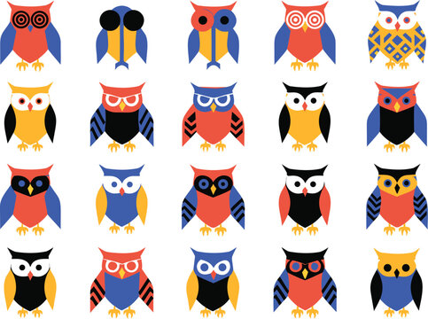 set of funny cartoon shields  Colorful Owl Collection &ndash; Cute Flat Vector Bird Illustrations Isolated on White Background