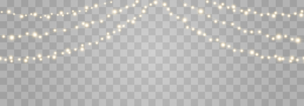Christmas light bulbs, glowing garlands string. Vector garland illustration isolated on png. New Year's party lights, holiday decorations. Winter holiday season element.