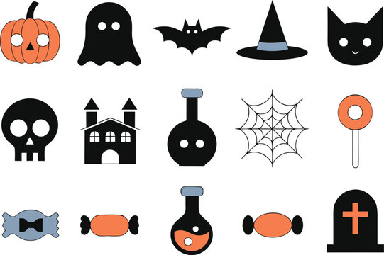 Adobe Illustrator Artwork Halloween Icon Set Collection with Pumpkin, Ghost, Bat, Witch Hat, Black Cat, Haunted House and Spooky Holiday Vector Elements Isolated on White Background