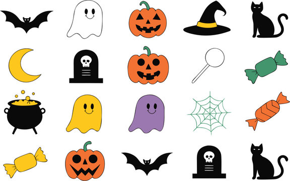 Adobe Illustrator Artwork Halloween Icon Set Collection with Pumpkin, Ghost, Bat, Witch Hat, Black Cat, Haunted House and Spooky Holiday Vector Elements Isolated on White Background
