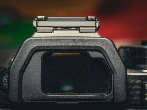 Close up of a modern digital camera electronic viewfinder eyecup and hot shoe mount in a detailed product view