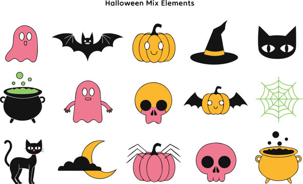 Adobe Illustrator Artwork Halloween Icon Set Collection with Pumpkin, Ghost, Bat, Witch Hat, Black Cat, Haunted House and Spooky Holiday Vector Elements Isolated on White Background