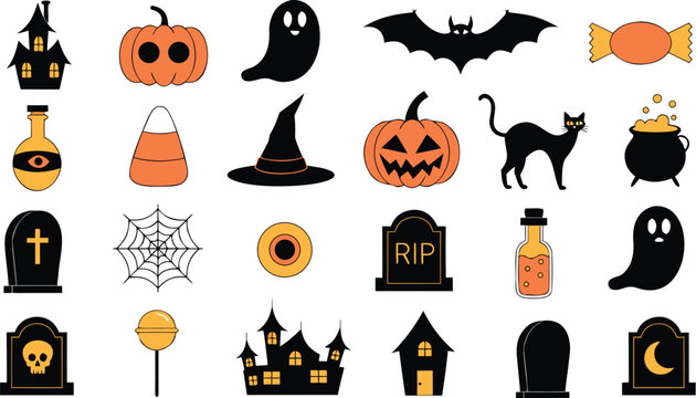 Adobe Illustrator Artwork Halloween Icon Set Collection with Pumpkin, Ghost, Bat, Witch Hat, Black Cat, Haunted House and Spooky Holiday Vector Elements Isolated on White Background