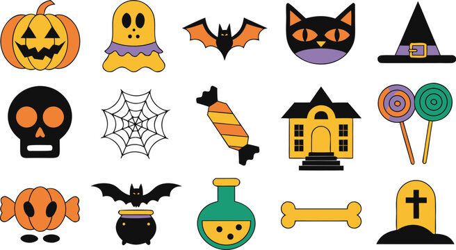 Adobe Illustrator Artwork Halloween Icon Set Collection with Pumpkin, Ghost, Bat, Witch Hat, Black Cat, Haunted House and Spooky Holiday Vector Elements Isolated on White Background