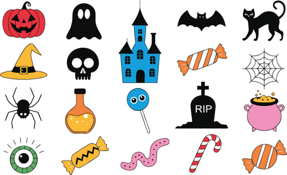 Adobe Illustrator Artwork Halloween Icon Set Collection with Pumpkin, Ghost, Bat, Witch Hat, Black Cat, Haunted House and Spooky Holiday Vector Elements Isolated on White Background
