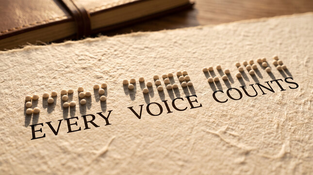 Braille text with the phrase every voice counts printed on textured paper with shadow details with reading every braille dots counts piece representation communication