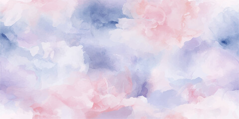 Fototapeta premium Soft, ethereal watercolor clouds in pastel shades of pink, blue, and lavender drift across a dreamy sky, creating a serene and abstract background.