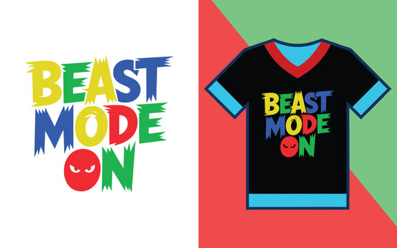 Beast mode on typography featuring angry eyes on a black v-neck t-shirt with blue trim details