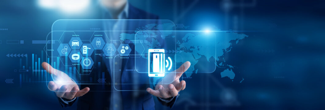 NFC technology engineer holding in hands contactless tags. Hardware designer using virtual screen testing near field communication protocols and proximity sensor chips. Fast link.