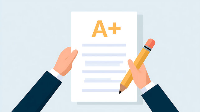 Vector illustration of student hands hold paper sheet with top grade score A plus mark, pencil write exam result, academic success concept