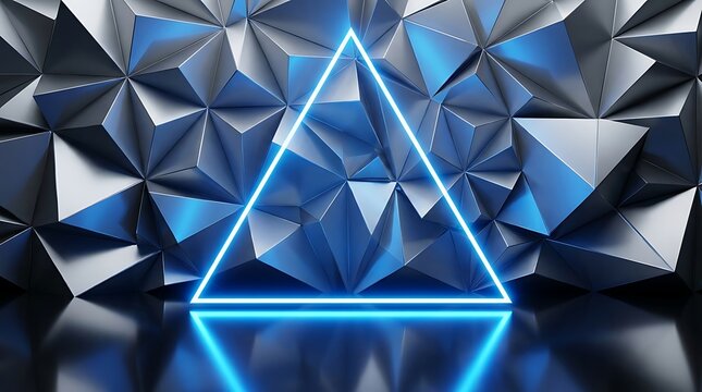 Glowing blue neon triangle frame centered on a dark, metallic, geometric low poly background, with reflective surface, and sharp angular facets
