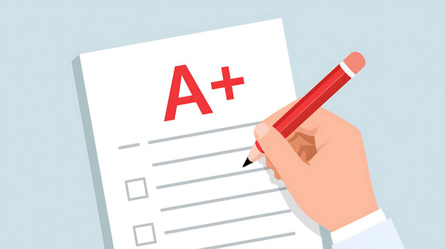 A person hold a red pencil and grade a test paper with a high score of A plus symbol in a flat vector design style for education