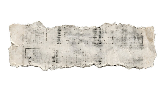 A torn piece of vintage newspaper with ragged edges isolated on transparent background