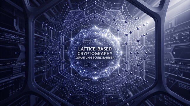 Complex blue geometric network sphere representing lattice based cryptography and quantum security