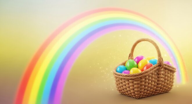 Wicker basket full of colorful Easter eggs under a bright beautiful rainbow on a soft pastel background