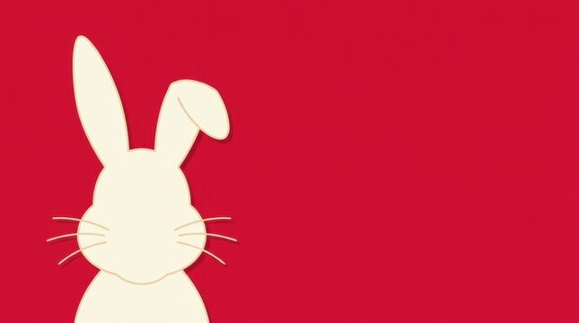 Minimalist illustration of a cute white bunny head on a solid red background