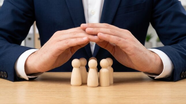 Businessman protecting wooden figures representing employees or team members in office.