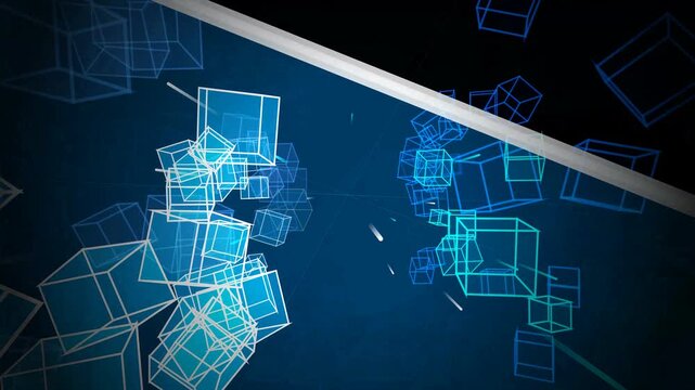 Floating glowing blue geometric cubes and light lines in a dark digital space 4K Motion Video