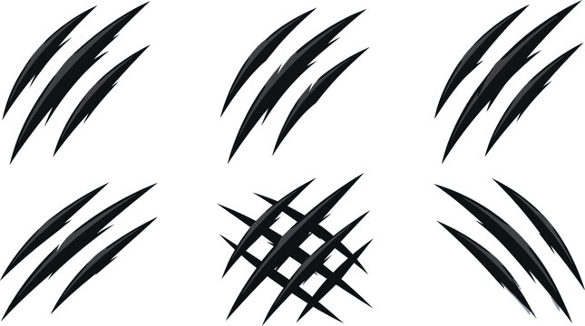 Black Animal Claw Scratch Marks Collection Isolated on White Background
