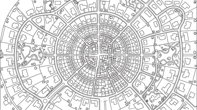 Circular urban planning map with residential housing plots and road networks in a black and white vector