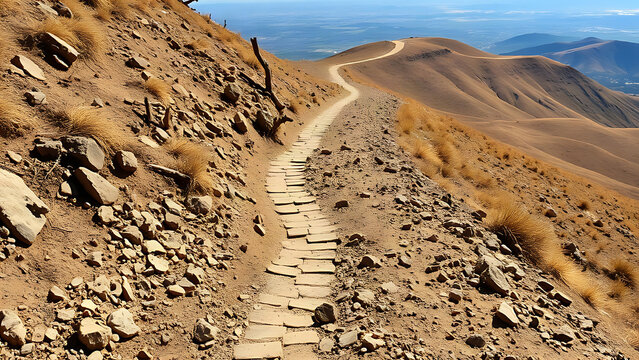 Steep unpaved trail on dry rocky hillside with ruts and exposed roots, arduous hiking path concept