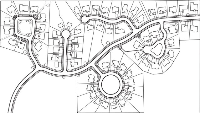 Residential subdivision site plan with winding roads and housing plots in a black and white vector