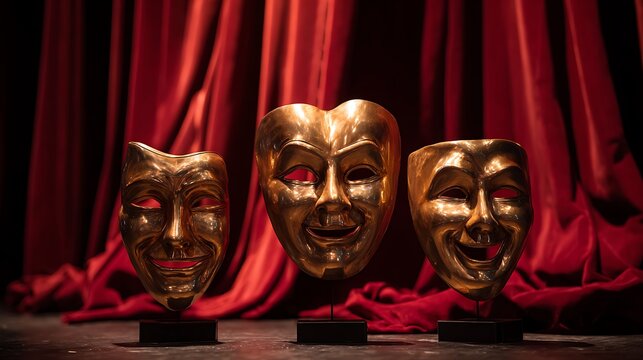 Three golden theater masks representing comedy and tragedy displayed on a stage with red velvet curtains symbolizing drama and performance