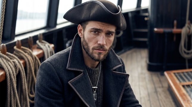 Cinematic portrait of a serious male pirate captain on the deck of a vintage sailing ship