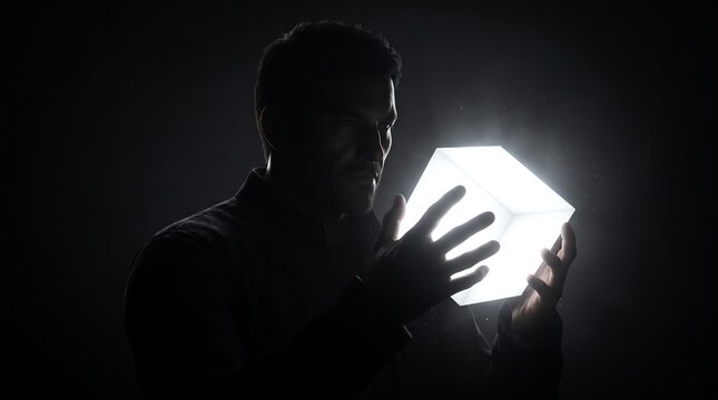Man holding glowing cube, mystery, dark background, innovation concept