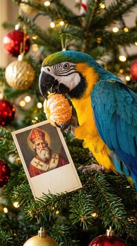 Blue and yellow macaw sits in a decorated tree holding a clementine and a vintage card depicting a white bishop StNicholas Day