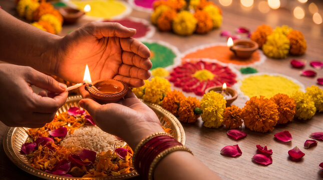 Hands lighting traditional clay diya lamp for Diwali festival celebration with marigold flowers