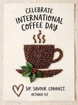 Celebrate international coffee day card with coffee cup silhouette made from roasted beans, green coffee leaves and handwritten message encouraging sipping, savoring and connecting on october 1st