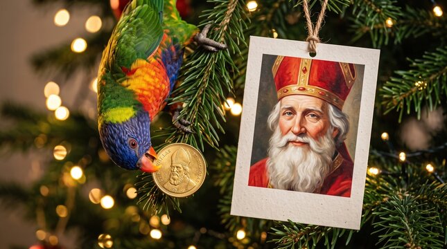 Colorful parrot holds a golden coin next to a paper portrait of a white senior man hanging on a festive evergreen branch StNicholas Day