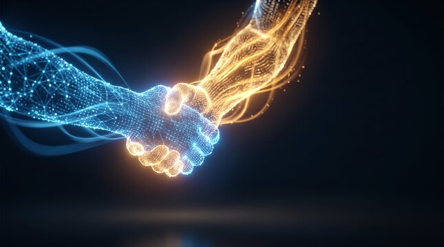 Digital handshake, abstract network connection, technology, partnership, innovation