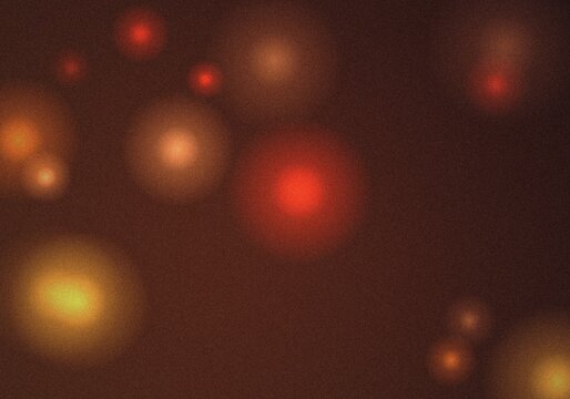 Dark brown background, with soft glowing, red and orange, circular light orbs, and a grainy, texture, creating a, warm and atmospheric, digital visual