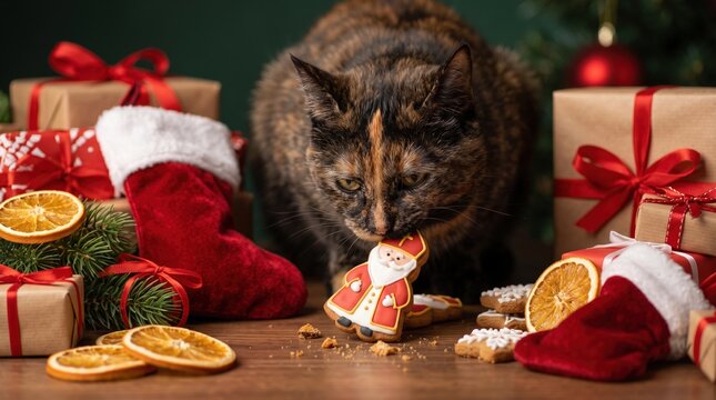 Tortoiseshell cat bites into a decorated gingerbread man cookie surrounded by gift boxes and stockings StNicholas Day