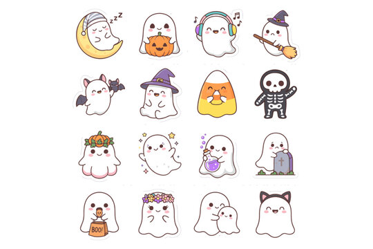 Cute Halloween Ghost Characters Flat Vector Illustration