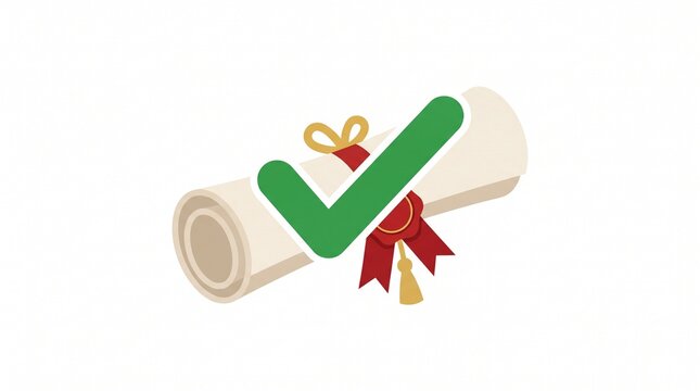Diploma scroll with red wax seal and green check mark icon representing academic achievement, success and verified graduation certification isolated on a white background for educational design