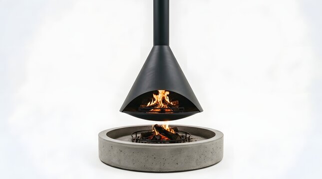 Modern black hanging conical fireplace suspended above a rustic circular concrete hearth featuring bright orange flames and glowing wood embers