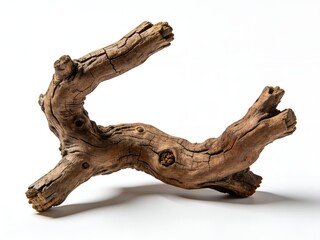Fototapeta premium Isolated Weathered Driftwood Branch with Rough Texture and Natural Patterns on White Background