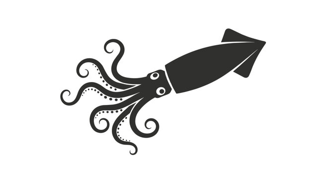 Minimalist black silhouette illustration of a swimming squid with wavy tentacles against a solid white background.