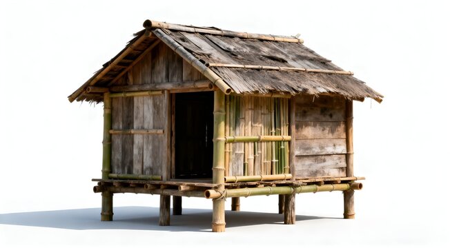 Traditional Stilt Hut Made of Bamboo and Weathered Wood Isolated on White Background