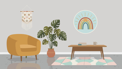 Fototapeta premium Stylish modern retro living room interior featuring a yellow armchair, a large monstera plant, and boho decor.