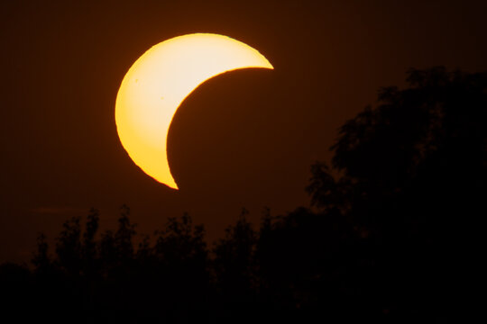 Aerial view of a solar eclipse partially obscured by tree silhouettes against a dark sky in Krakow, Lesser Poland Voivode, Poland.