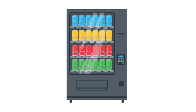 Modern vending machine containing colorful rows of soda and beverage cans behind a glass window on white background.